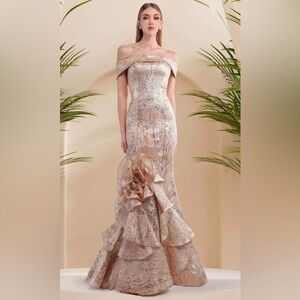 Janique 24983 - Straight Off-Shoulder Mermaid Gown - Champagne